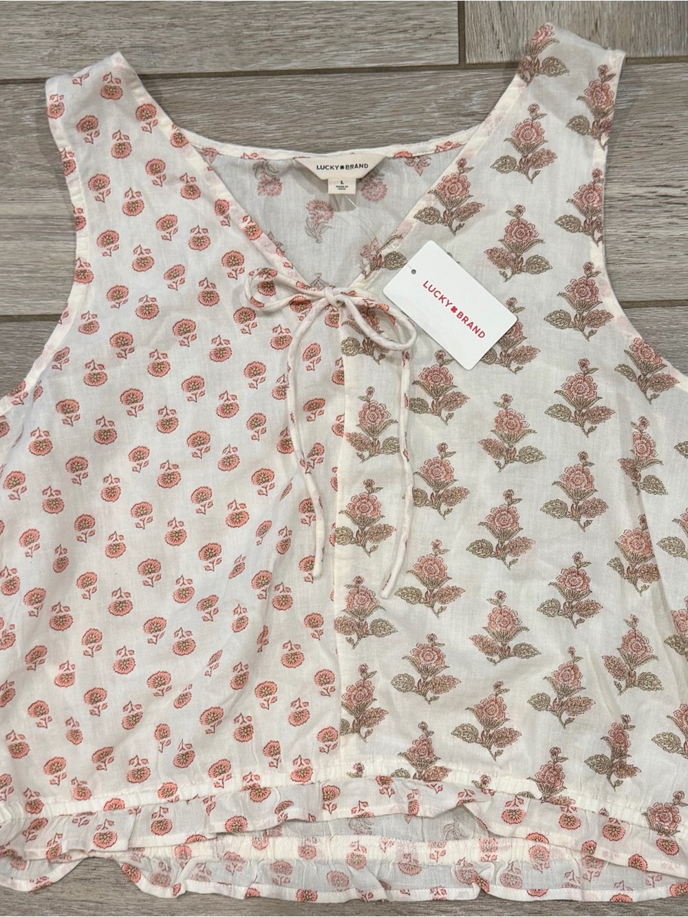 Lucky Brand NWT Ivory Tank Top with Pink Floral Print and Tie Neck